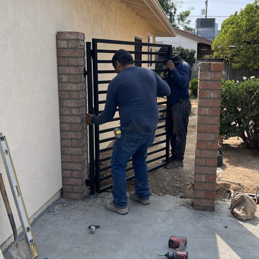 Professional workers performing custom black metal gate installation between brick pillars