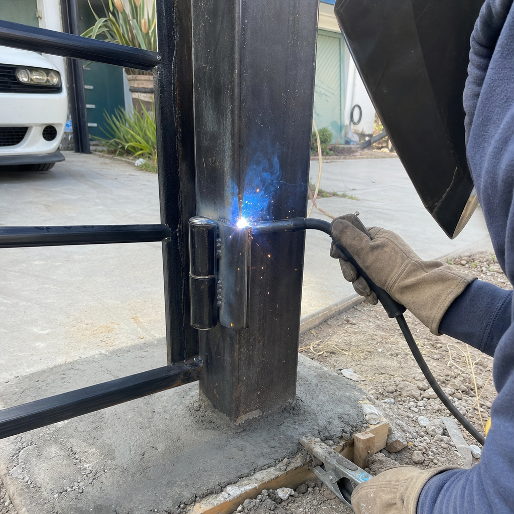 Welder welding a metal gate hinge to a post