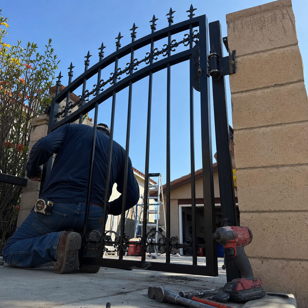 Professional contractor installing a black metal decorative gate