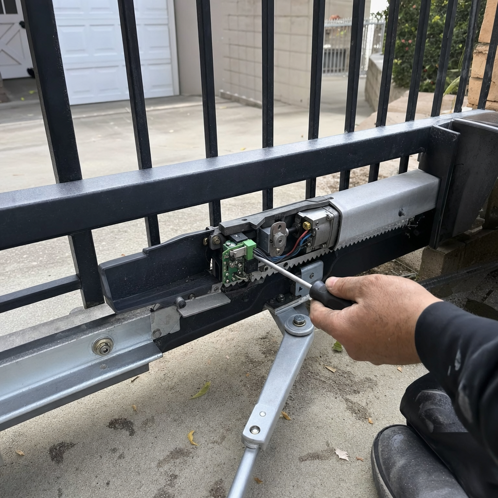 Technician performing professional gate motor and opener repair