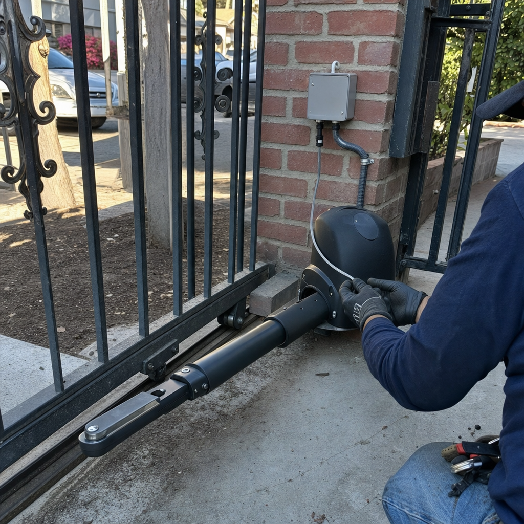 Technician performing maintenance on an automatic sliding gate motor