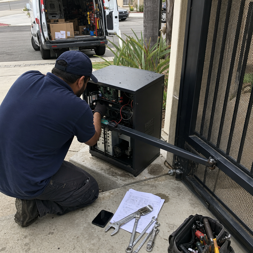 Technician performing professional gate motor and opener repair service