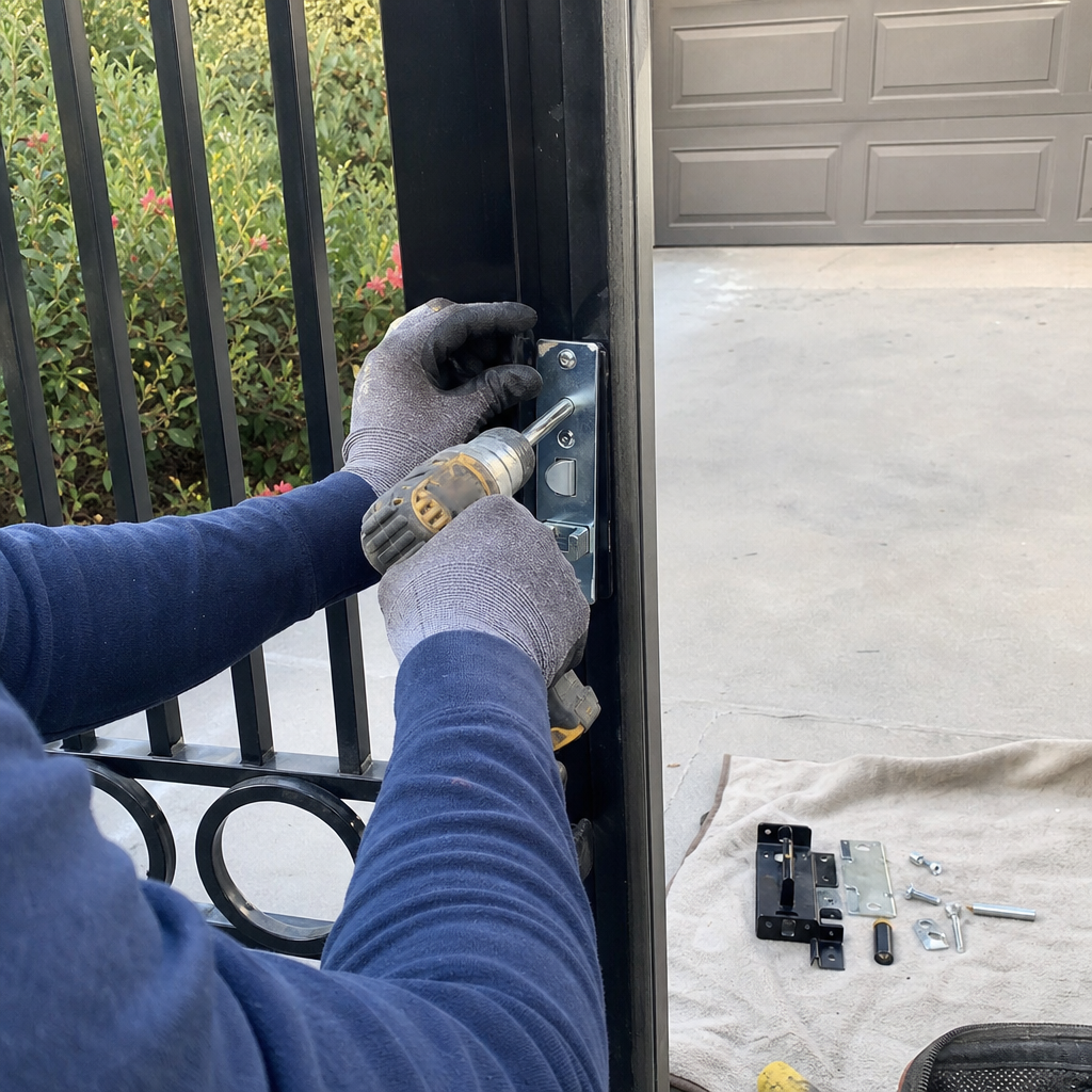 Technician using a power drill to install a new gate lock