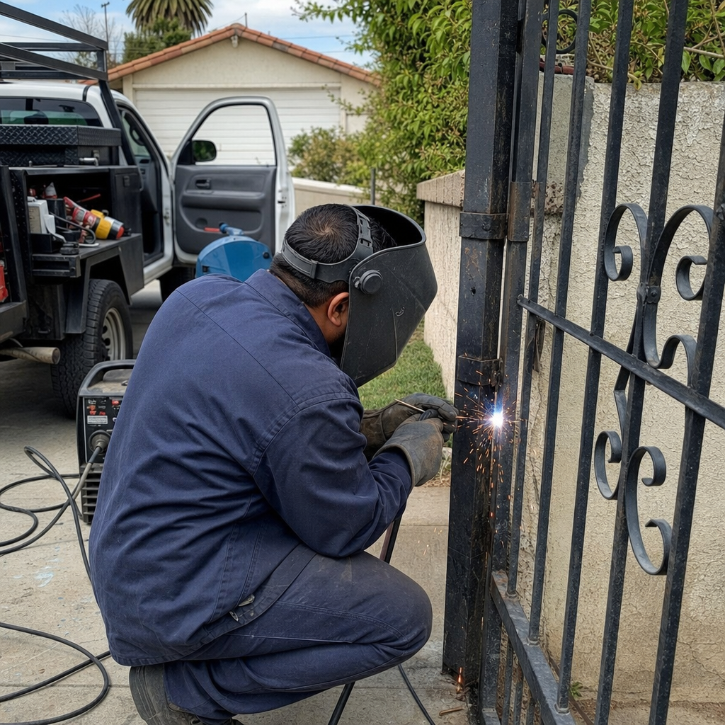 Professional technician performing onsite metal gate repair and welding service