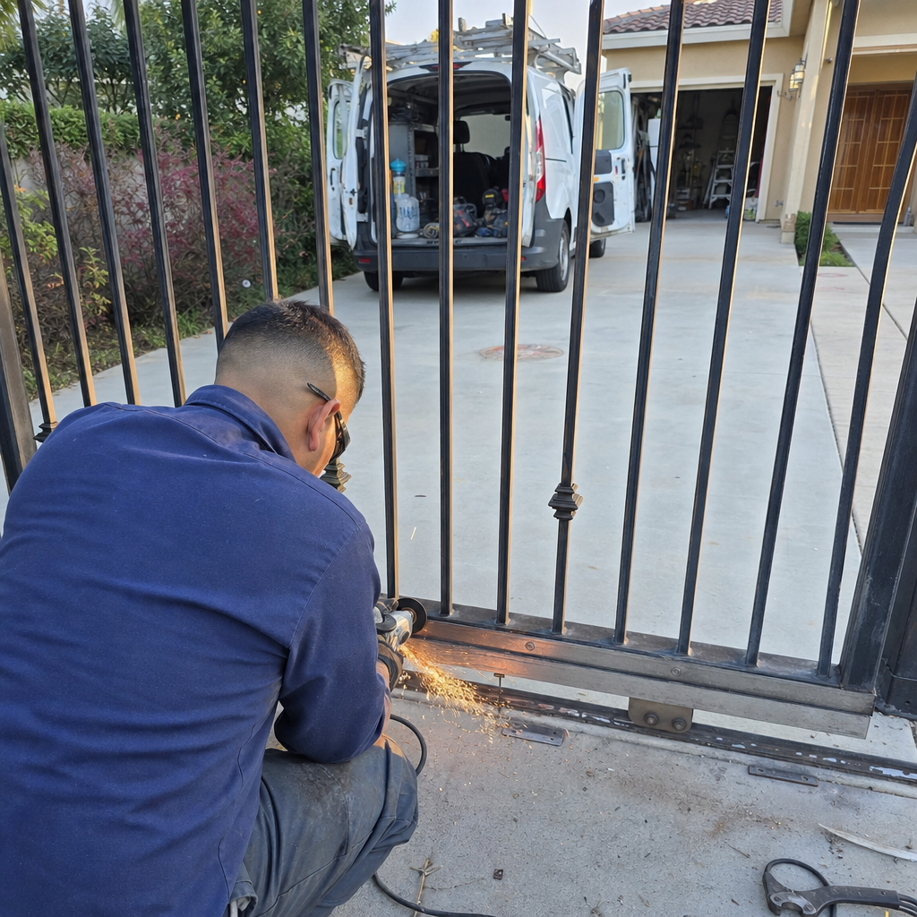 Technician using an angle grinder for professional metal gate repair