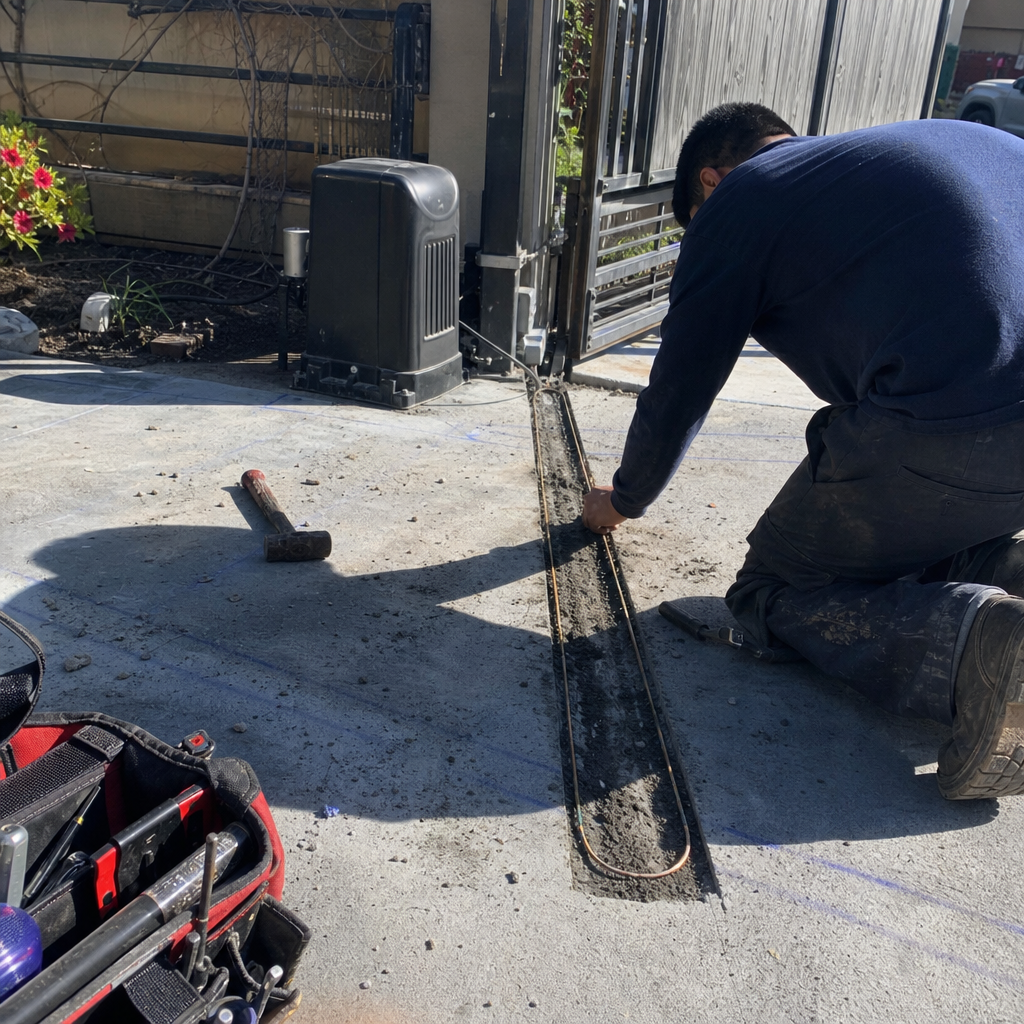 Technician installing underground gate access control sensor loop in Los Angeles, CA