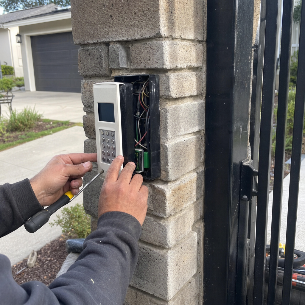 Technician installing and repairing a digital gate access control keypad system in Los Angeles, CA