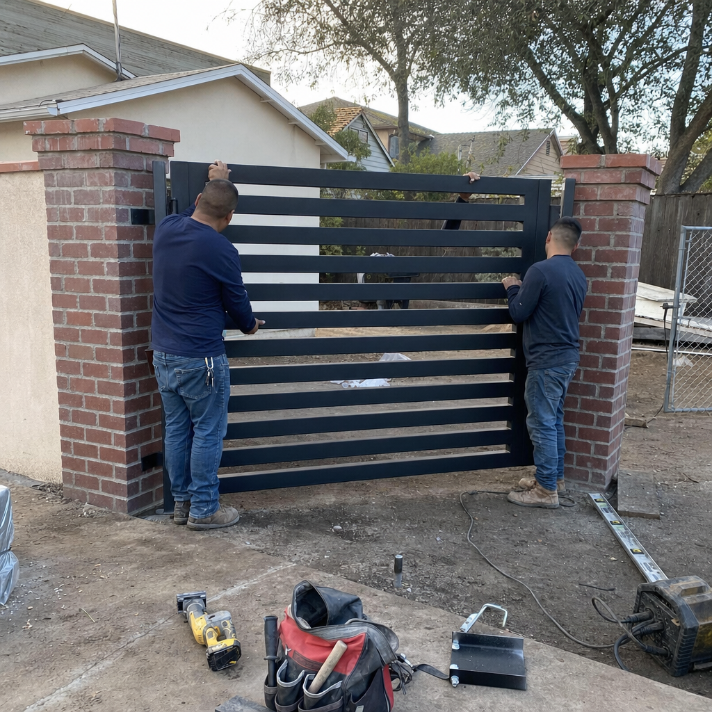 Two technicians installing a modern metal horizontal slat driveway gate.