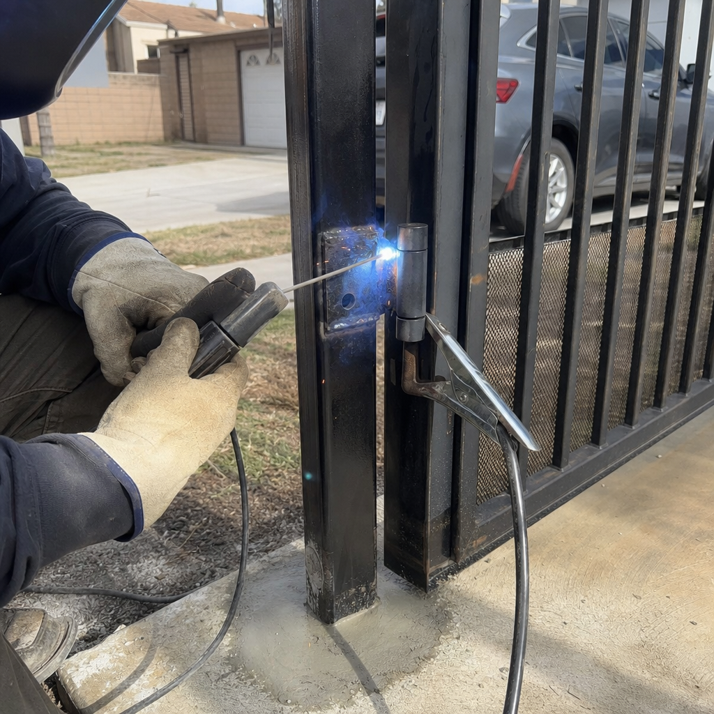 Professional welder performing gate installation and hinge repair