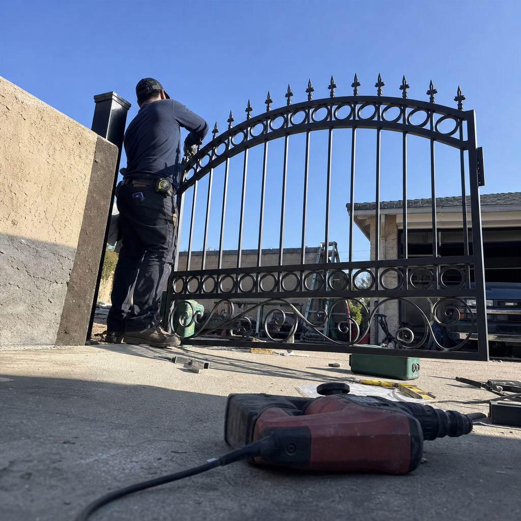 Professional contractor performing metal gate installation and repair