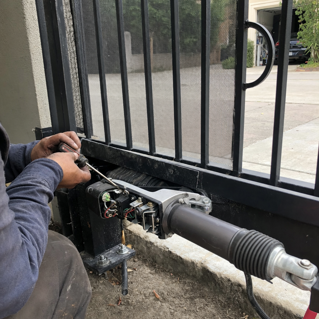Technician performing professional gate motor and opener repair and maintenance.