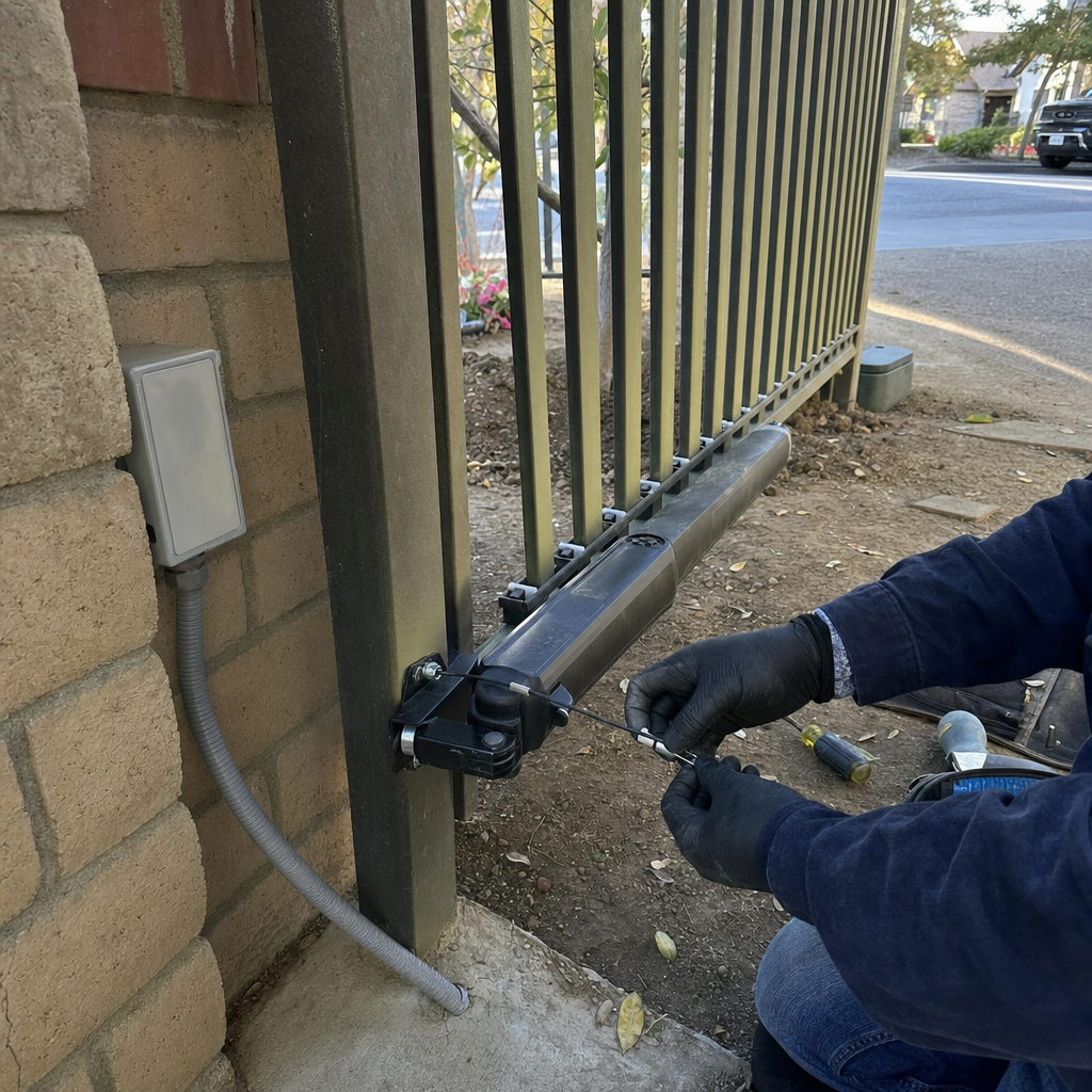 Technician performing professional repair on residential gate motor and opener system