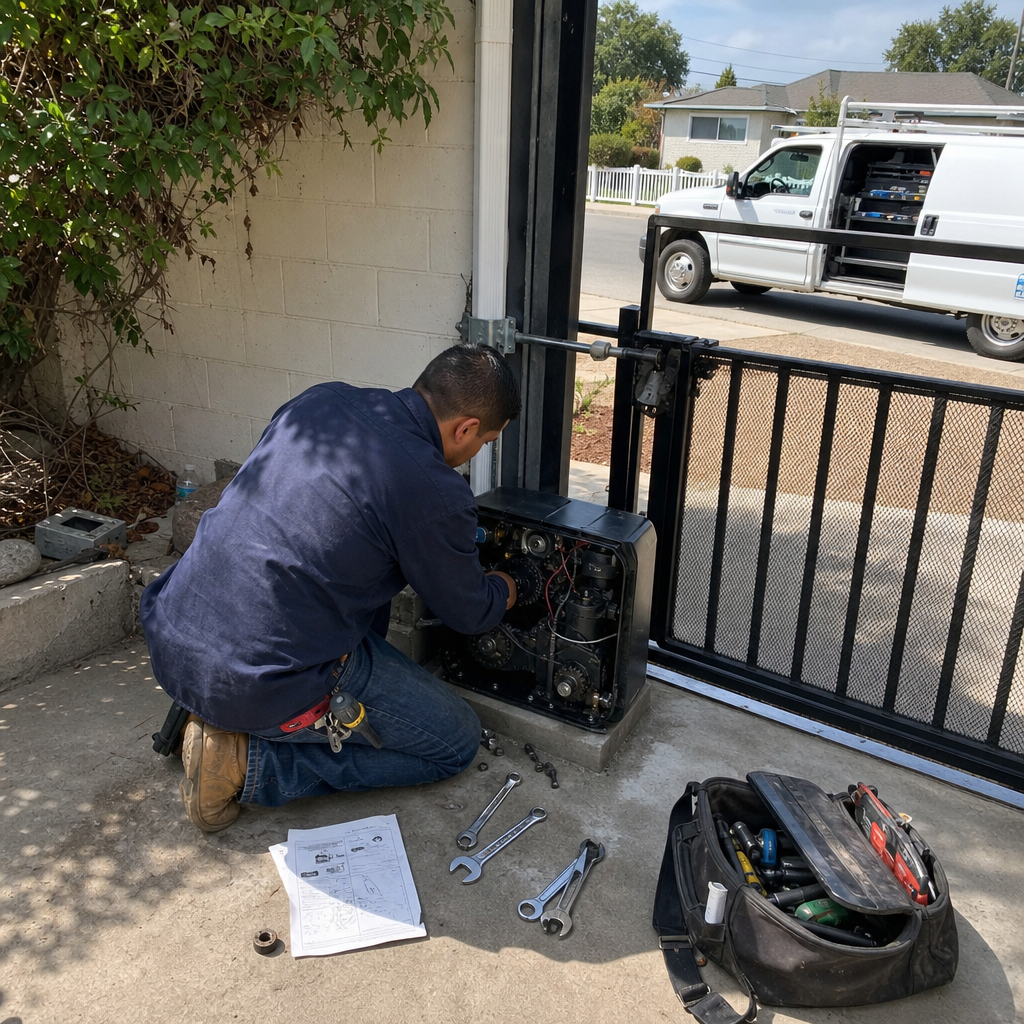 Technician performing professional gate motor and opener repair services