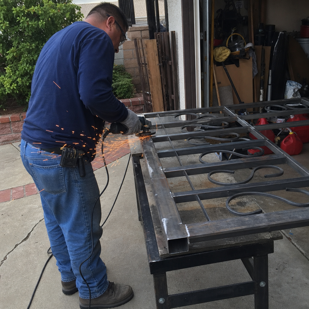 Professional welder grinding metal on a custom iron gate in Los Angeles, CA