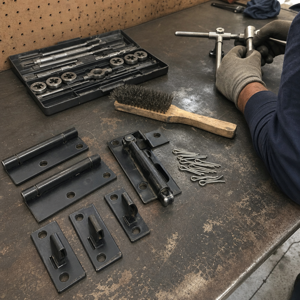 A professional technician organizing metal gate hardware components on a workbench. in Los Angeles, CA