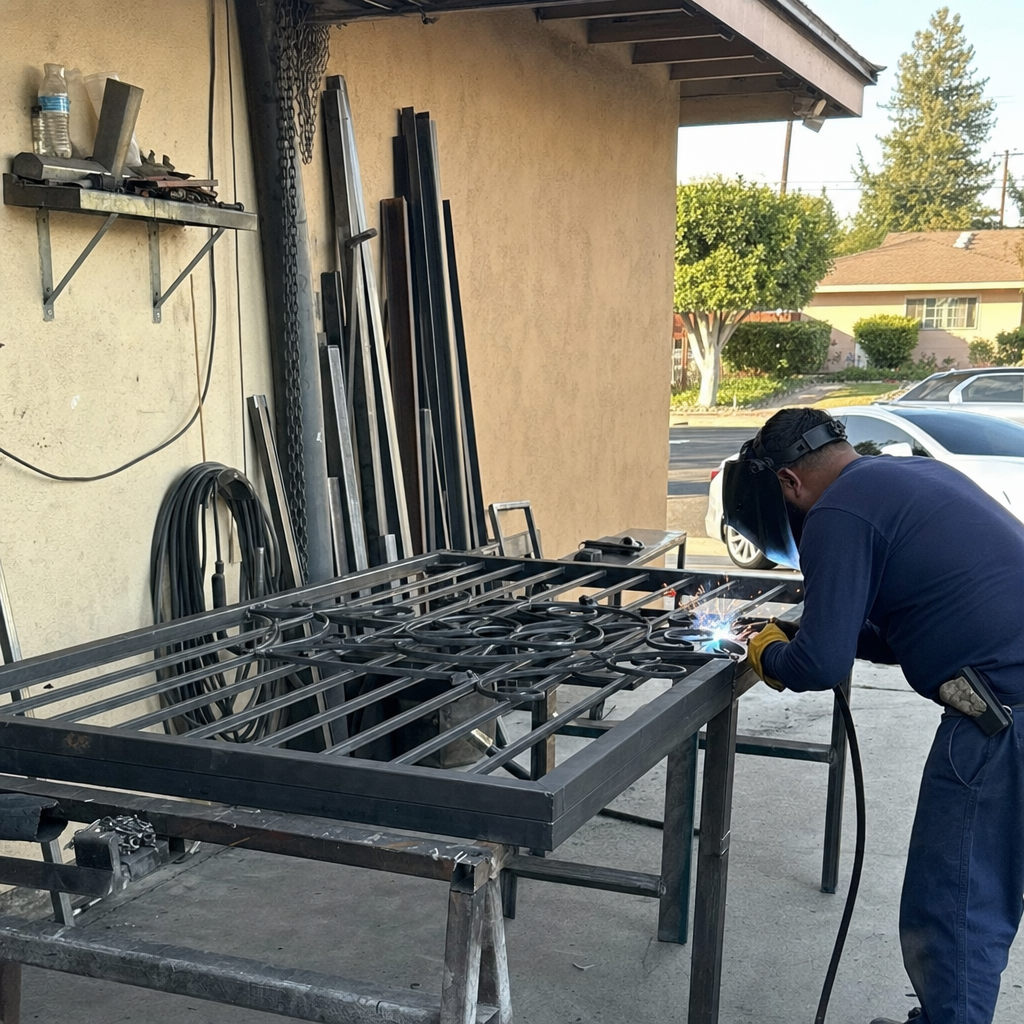 Professional welder performing metal gate fabrication and repair in a workshop in Willowbrook, CA