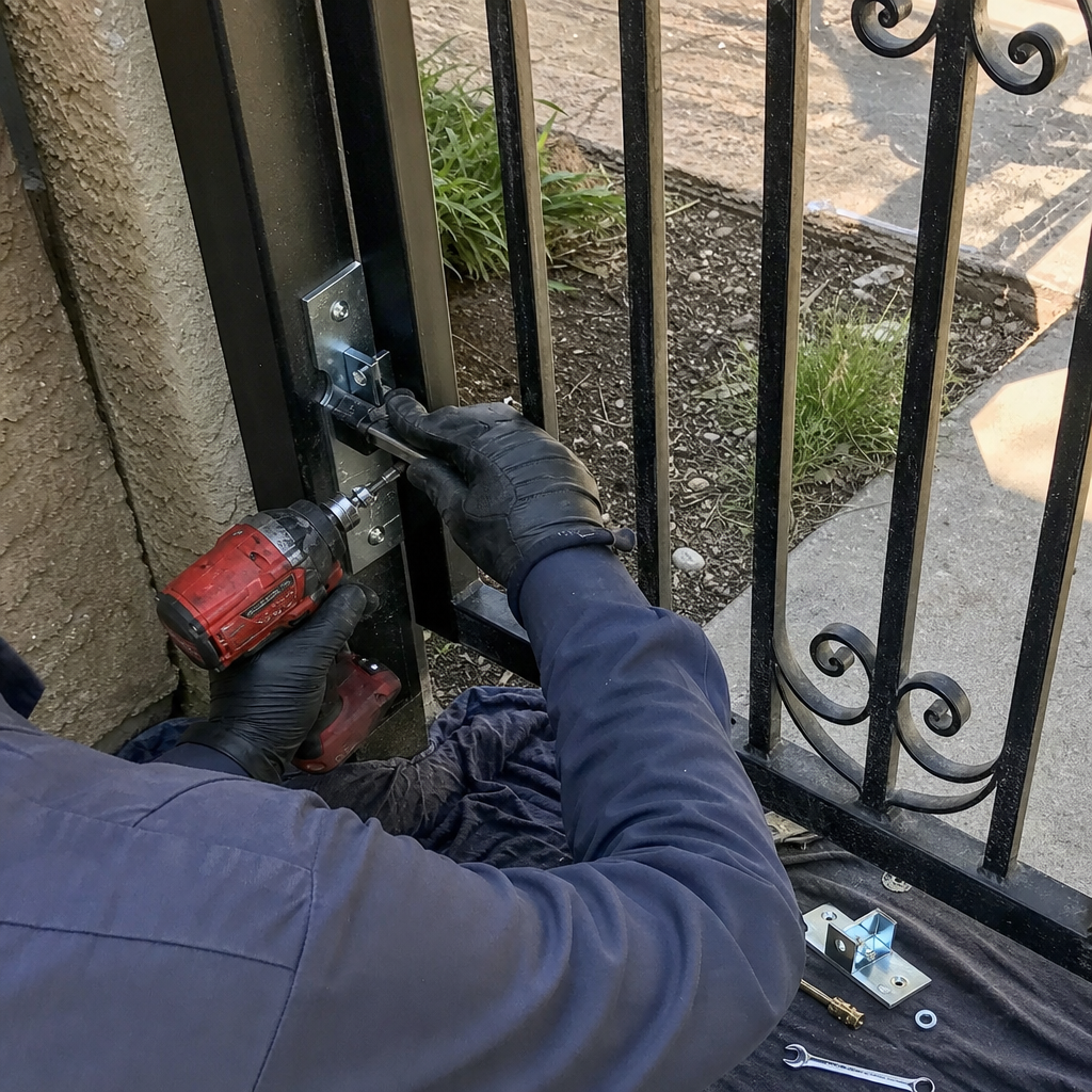 Technician using a drill to perform professional metal gate repair services