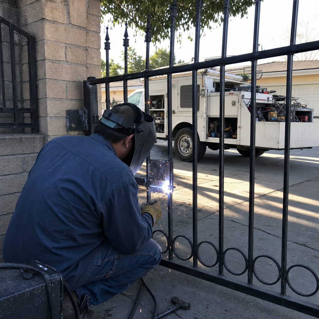 Professional welder performing iron gate repair and metal fence maintenance