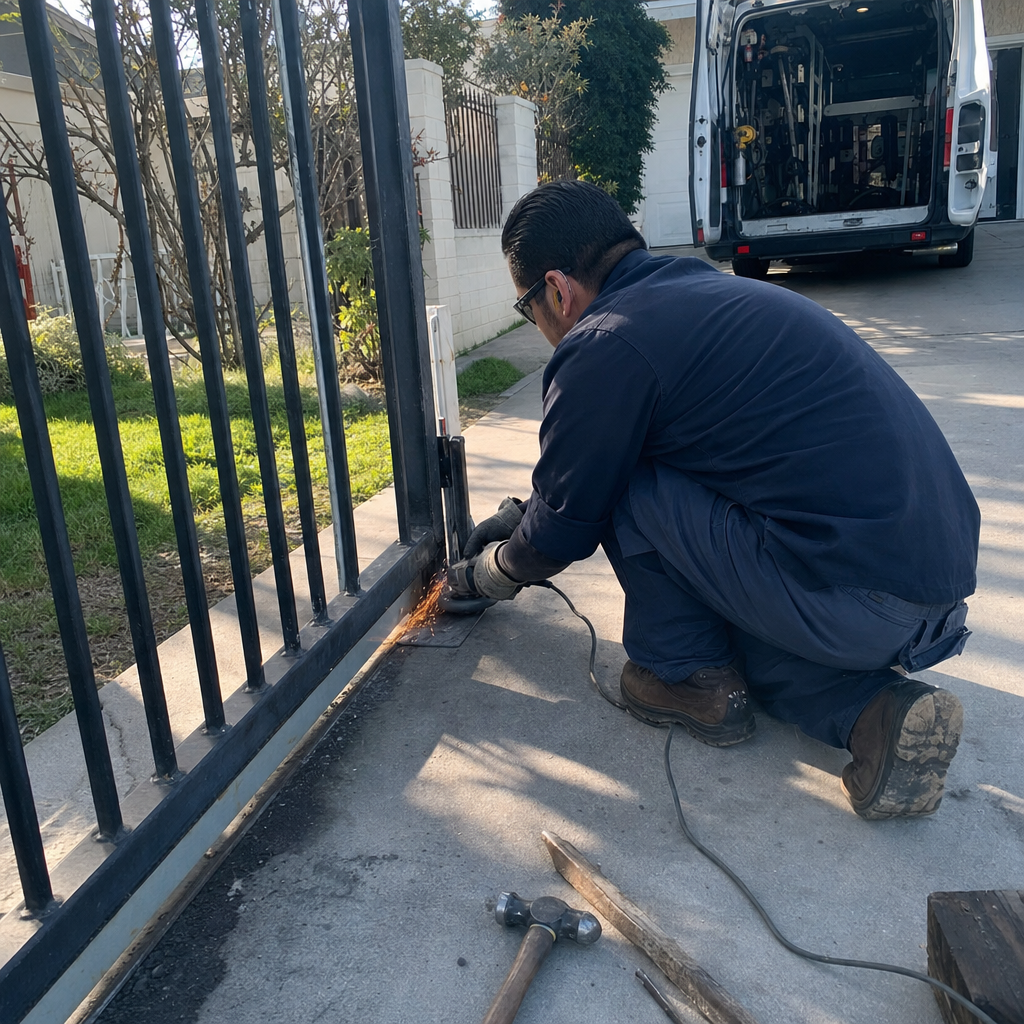 Technician using an angle grinder to perform professional metal gate repair.
